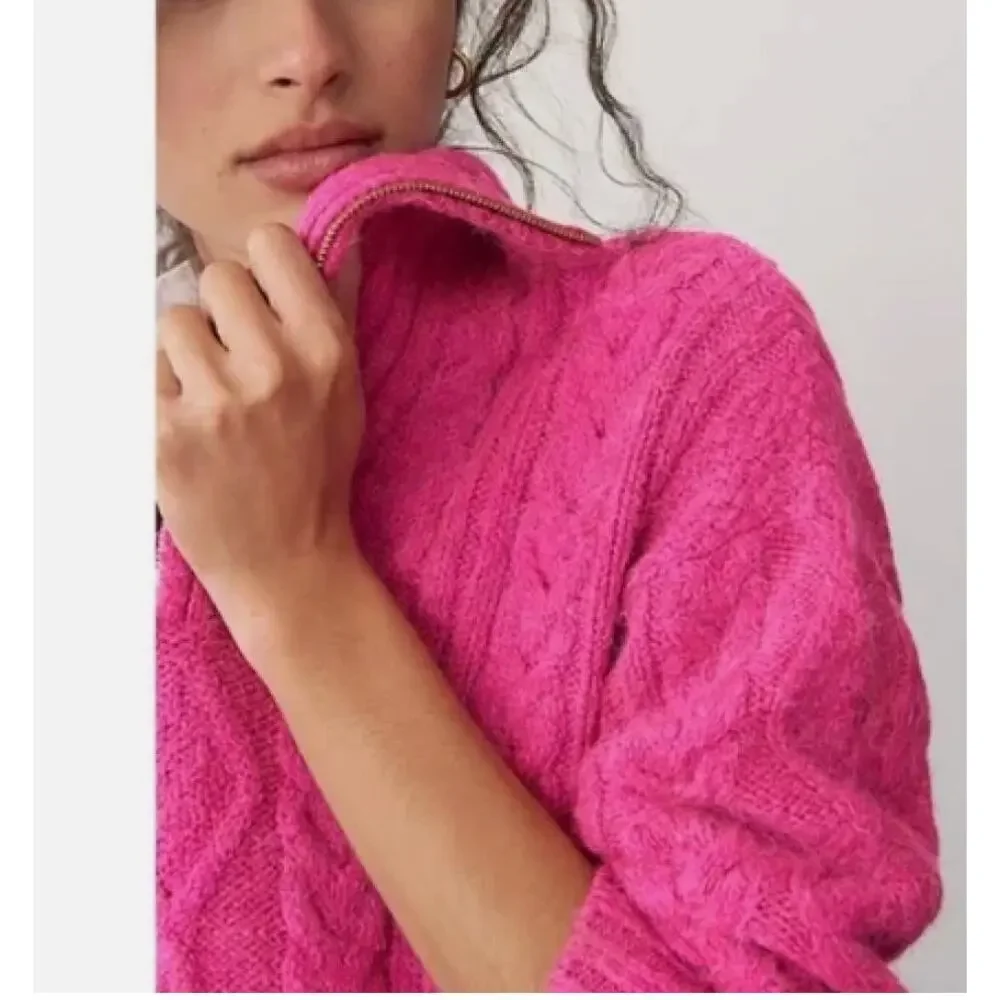 Anthropologie Payton Cable Knit 1/4 Zip Pullover Sweater, Fuchsia Pink, XL